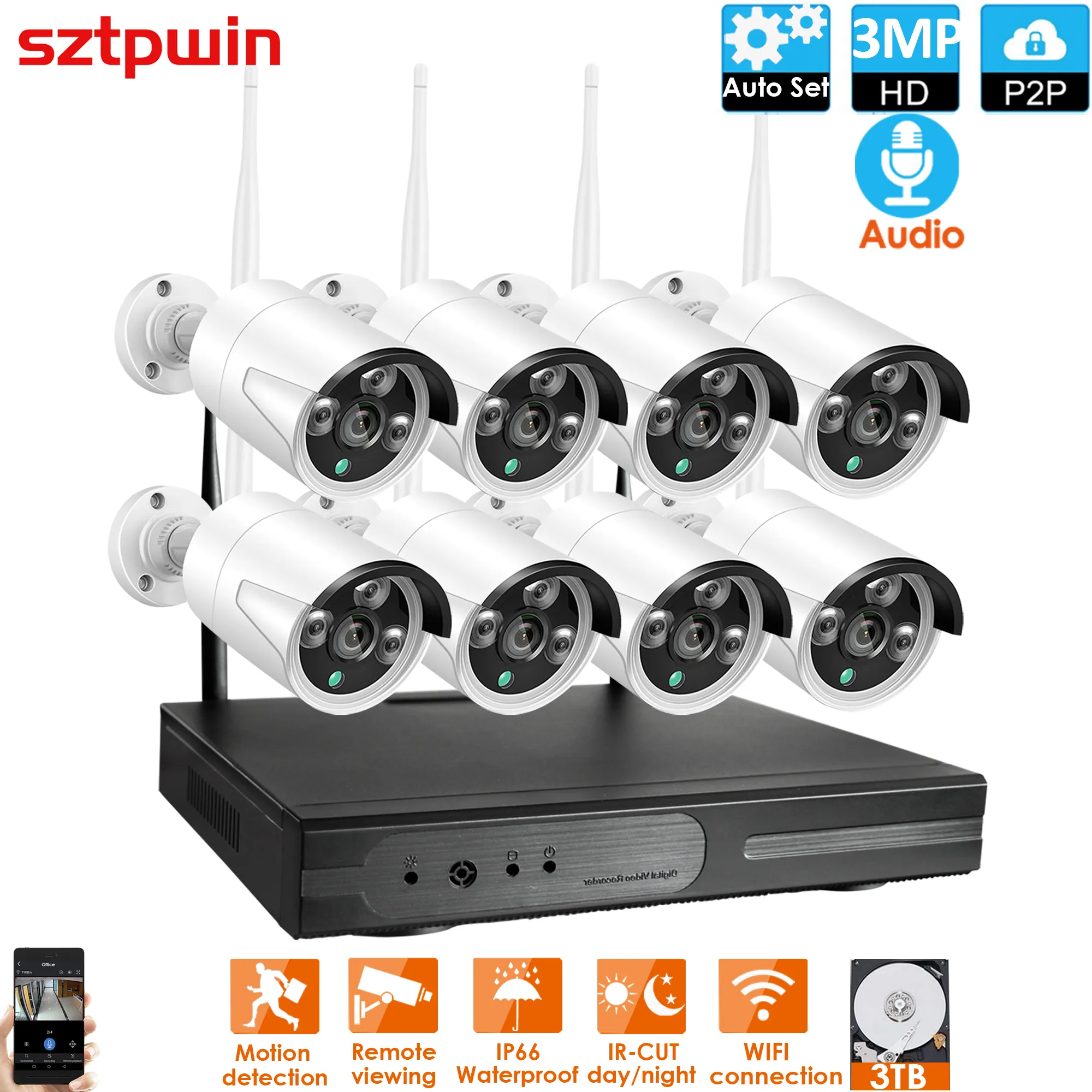 실내 야외 무선 NVR 키트, 8CH, 3.0MP 오디오, FHD, P2P, IR 나이트 비전 보안, 3.0MP 오디오, IP 카메라, 와이파이 CCTV 시스템 title=실내 야외 무선 NVR 키트, 8CH, 3.0MP 오디오, FHD, P2P, IR 나이트 비전 보안, 3.0MP 오디오, IP 카메라, 와이파이 CCTV 시스템 
