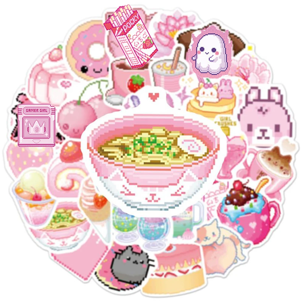 핑크 픽셀 만화 스티커, DIY 자전거 여행 수하물 노트북 낙서 방수 스티커, 어린이 장난감 데칼, INS 스타일, 10 30 50 개