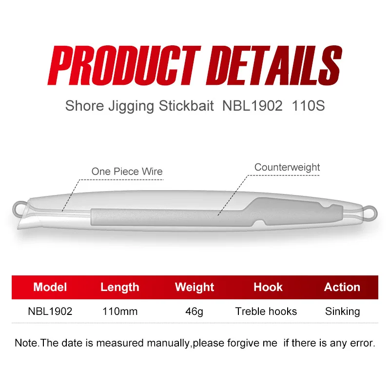 NOEBY 싱킹 펜슬 쇼어 지깅 낚시 루어, 인공 하드 베이트, 스틱베이트 지그, 바다 슬로우 지깅, 110mm 46g