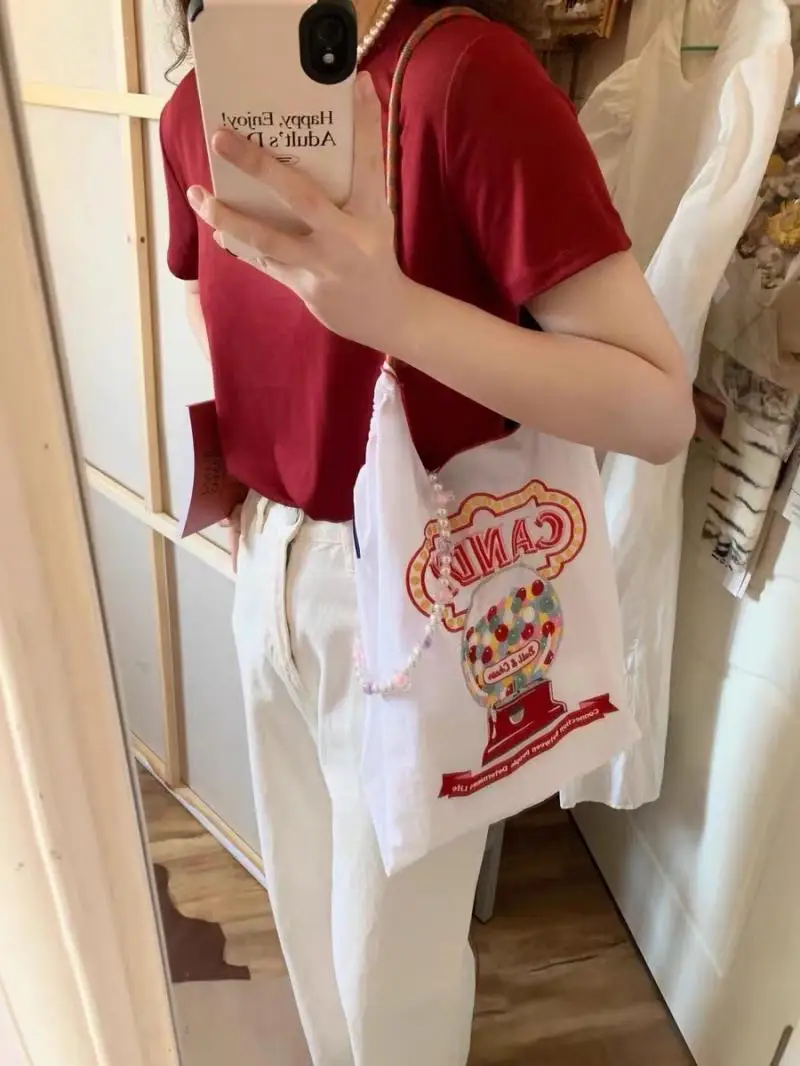 소녀용 카와이 볼 체인 캔버스 가방 핸드백, 쇼핑 옥스포드 가방, 숄더 나일론 가방, 자수 가방, 소녀 선물, 대용량