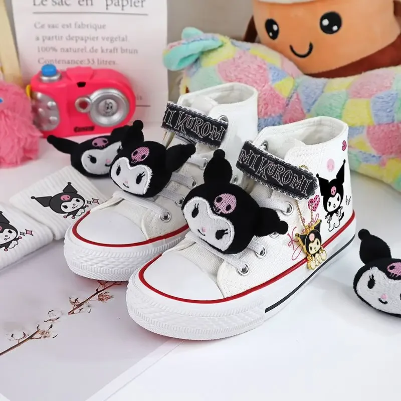 카와이 산리오 쿠로미 캔버스 신발, 어린이 만화 벨크로 스니커즈, 애니메이션 하이탑 캐주얼 플랫 슈즈, 무료 양말 인형 버클, 신상