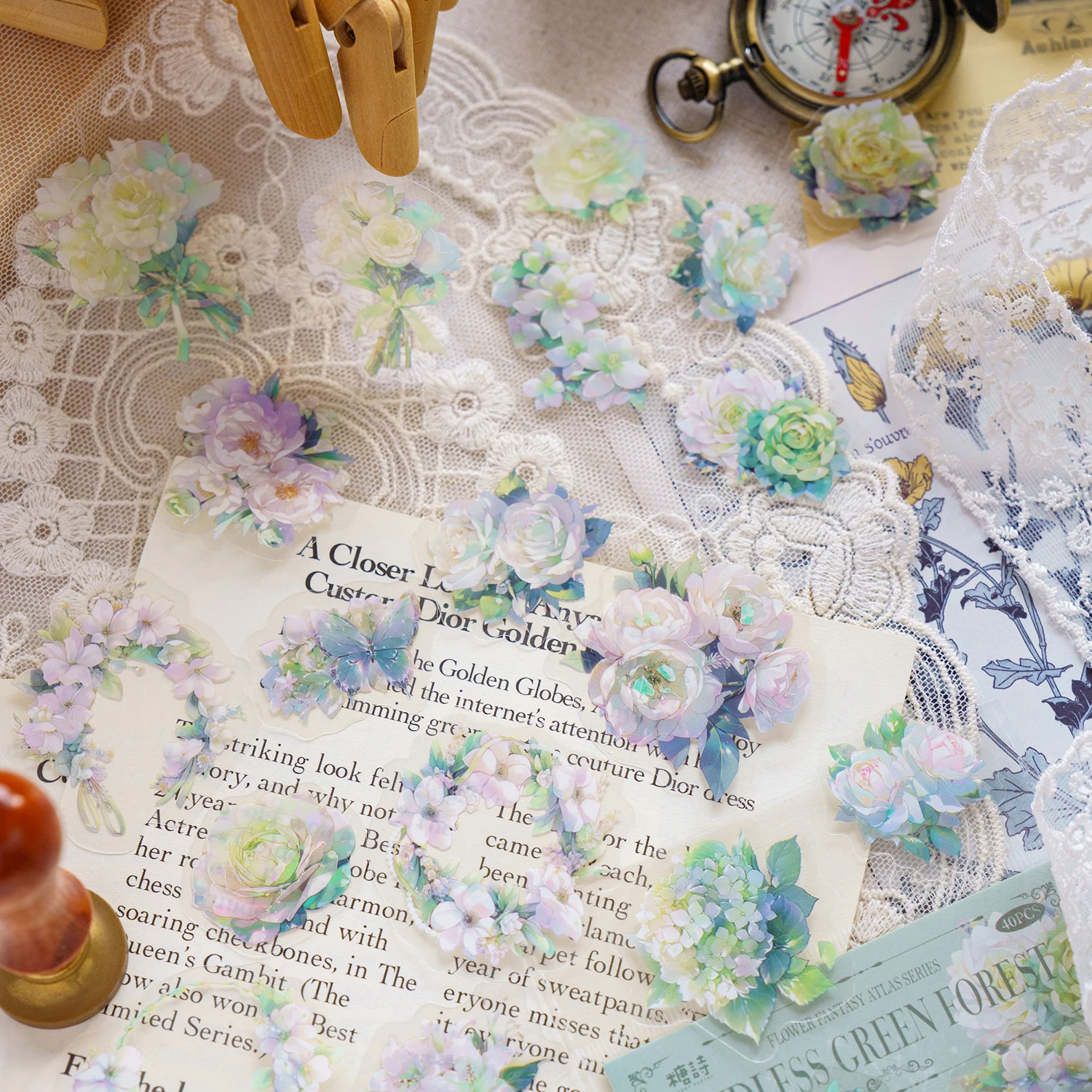 INS 아름다운 꽃 스티커 팩 스틱 라벨, 장식 일기 앨범 스크랩북 재료, 정크 저널 용품, 40 개