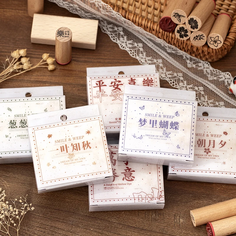 Yoofun-식물 꽃 잎 나비 단어 나무 고무 스탬프 DIY 스크랩북 저널 장식, 학교 용품, 4 개/디자인