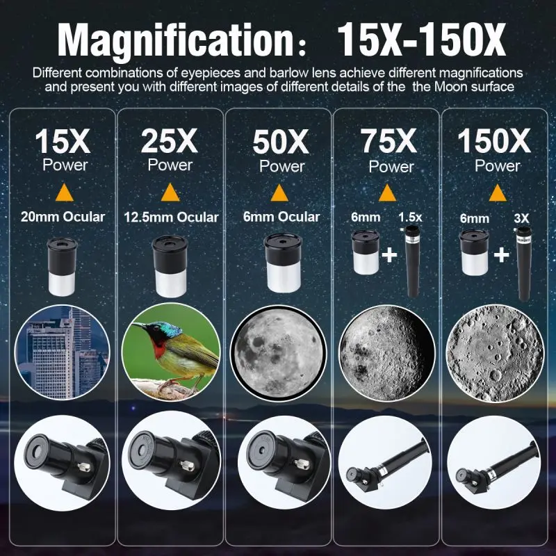 TICALA 천체 망원경, 천문학 초보자용 굴절 망원경, 블루투스 카메라, 전화 홀더 포함, 150X, 70mm