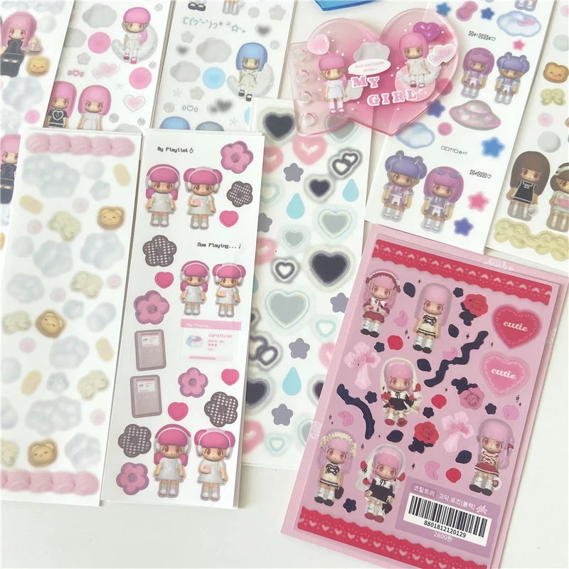 SKYSONIC-보보 코랄 풀 세트 시리즈 장식 스티커 스위트 걸 서브 한국어 DIY 스티커, 저널 정크 아젠다 문구 용품