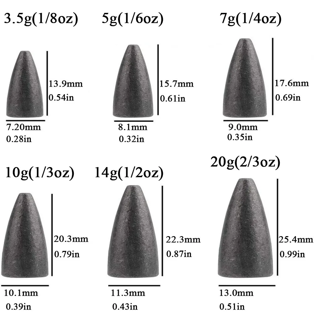 10pcs 낚시 무게 싱커 3.5g 5g 7g 10g 14g 20g 총알 싱커 낚시 태클 액세서리