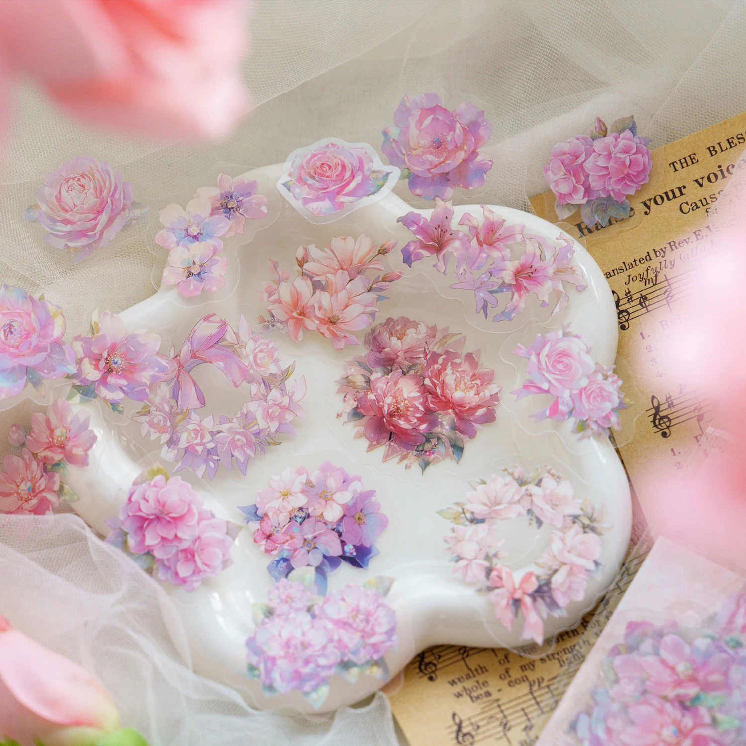 INS 아름다운 꽃 스티커 팩 스틱 라벨, 장식 일기 앨범 스크랩북 재료, 정크 저널 용품, 40 개