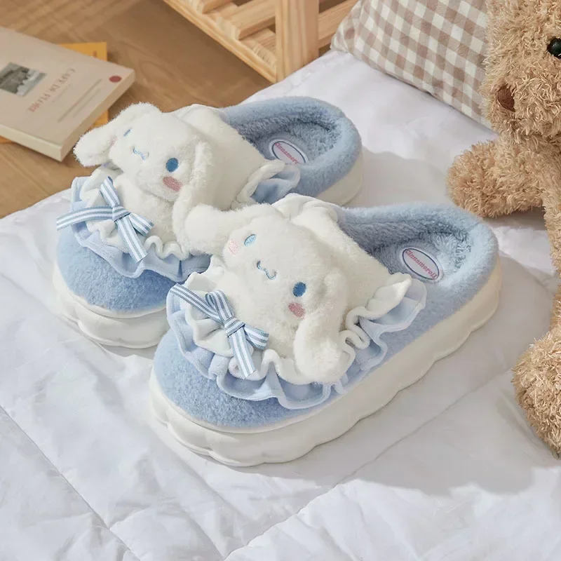산리오 시나모롤 헬로 키티 쿠로미 슬리퍼, 귀여운 코튼 푹신한 슬리퍼, 여성 벨벳 따뜻한 가정 신발, 소녀 선물, 겨울