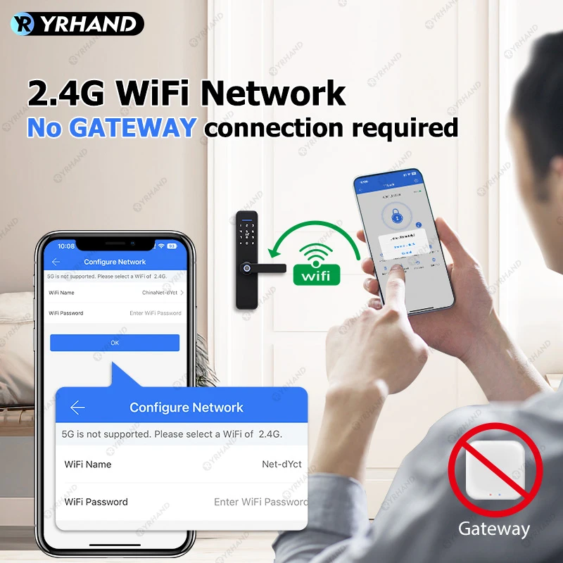 YRHAND 생체 인식 지문 기능이 있는 Ttlock 와이파이 전자 스마트 도어락, 구글 홈 알렉스, 가정 또는 호텔용, 신제품