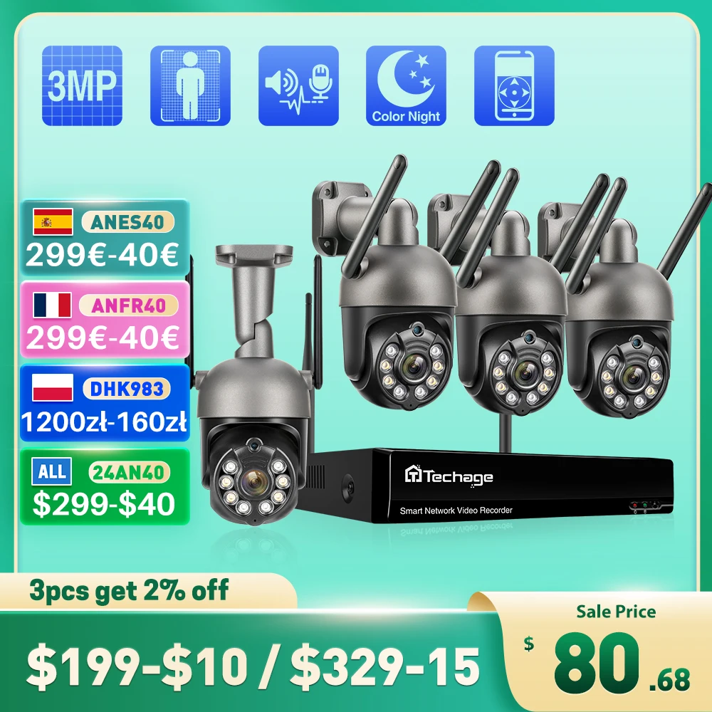 Techage-무선 보안 카메라 키트, 8CH, 3MP, 와이파이, PTZ, IP 카메라, 야외 자동 추적, 양방향 오디오, 풀 컬러, 야간 CCTV 비디오 title=Techage-무선 보안 카메라 키트, 8CH, 3MP, 와이파이, PTZ, IP 카메라, 야외 자동 추적, 양방향 오디오, 풀 컬러, 야간 CCTV 비디오