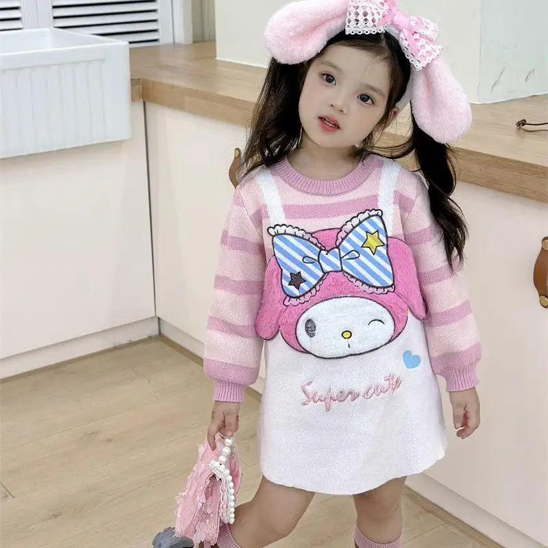 산리오스 시나모롤 마이 멜로디 쿠로미 스위트 스트라이프 플러시 아이 스웨터 드레스, 입체 만화 귀여운 소녀 긴팔 드레스