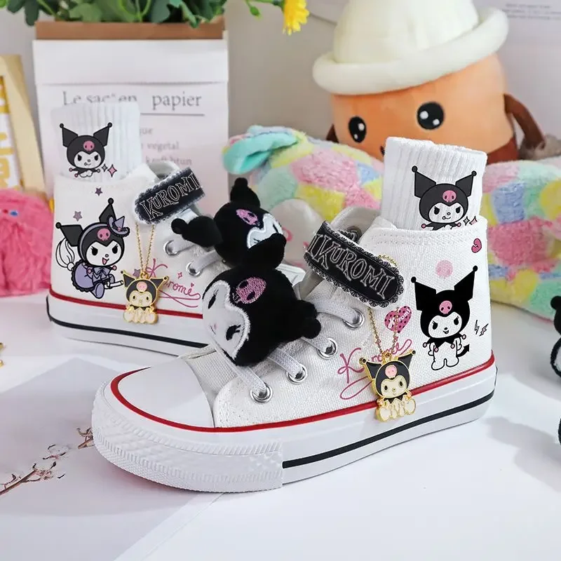 카와이 산리오 쿠로미 캔버스 신발, 어린이 만화 벨크로 스니커즈, 애니메이션 하이탑 캐주얼 플랫 슈즈, 무료 양말 인형 버클, 신상
