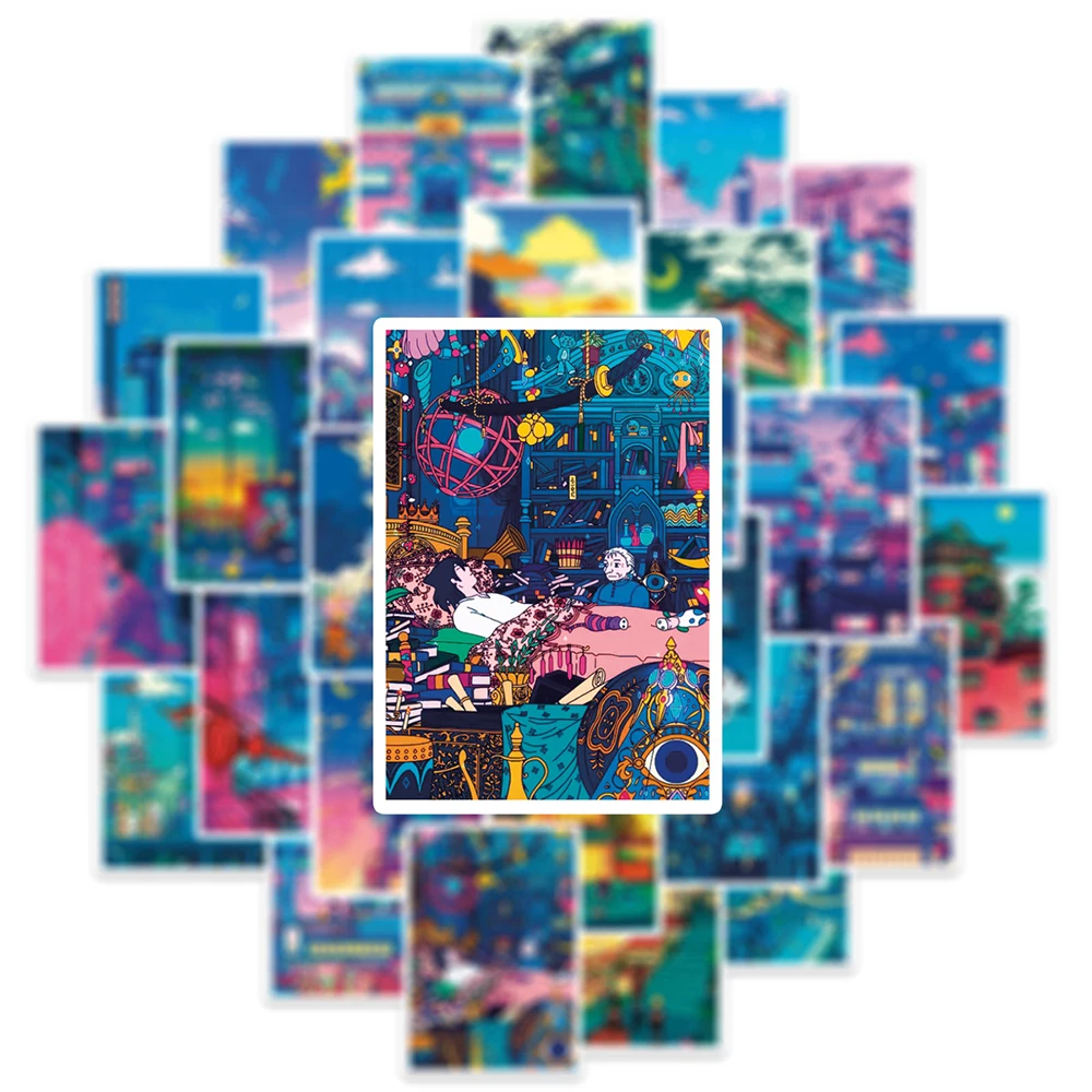 귀여운 아트 스트리트 야경 만화 스티커, 미적 인스스 데칼, 스크랩북 휴대폰 노트북 수하물 벽 스티커, 어린이 장난감, 10 30 50 개