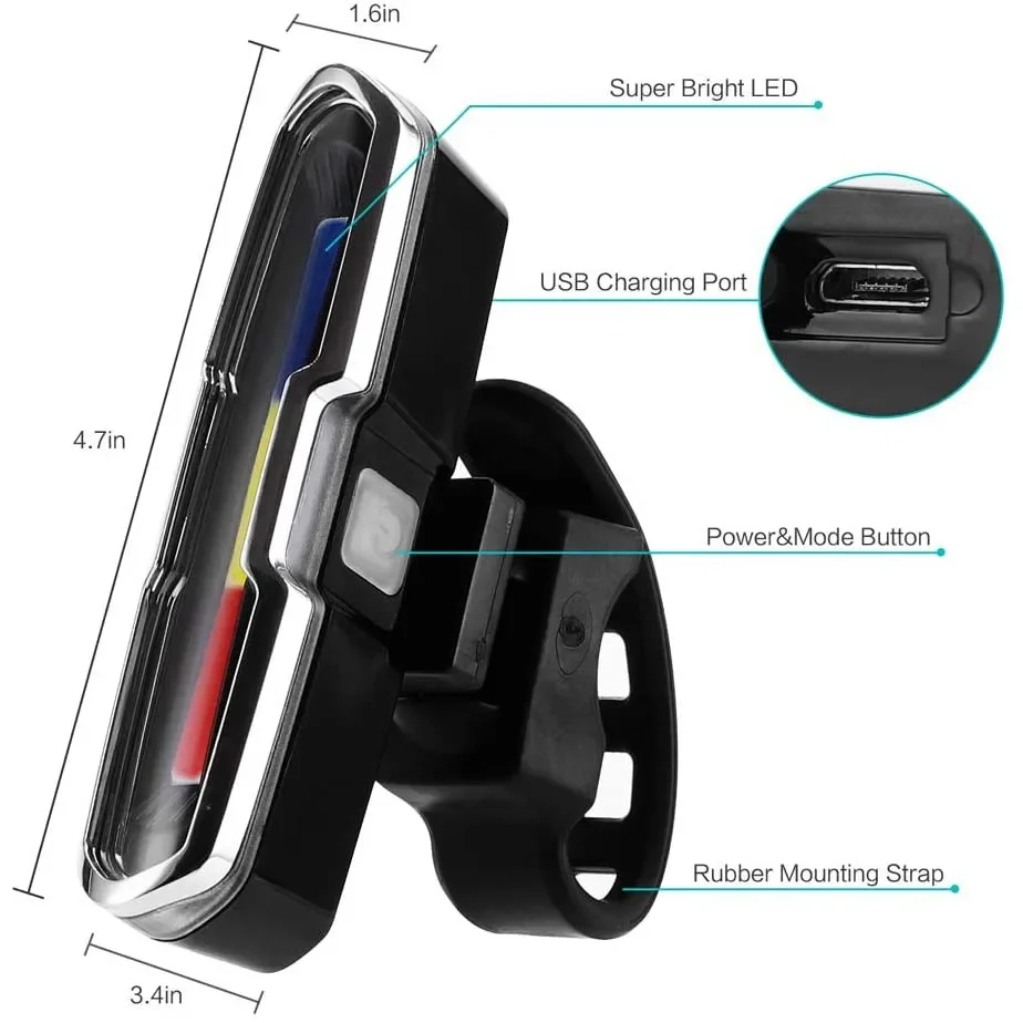 자전거 LED 조명 테일 램프 USB 충전식 방수 산악 도로 사이클링 후면 손전등, 자전거 랜턴용