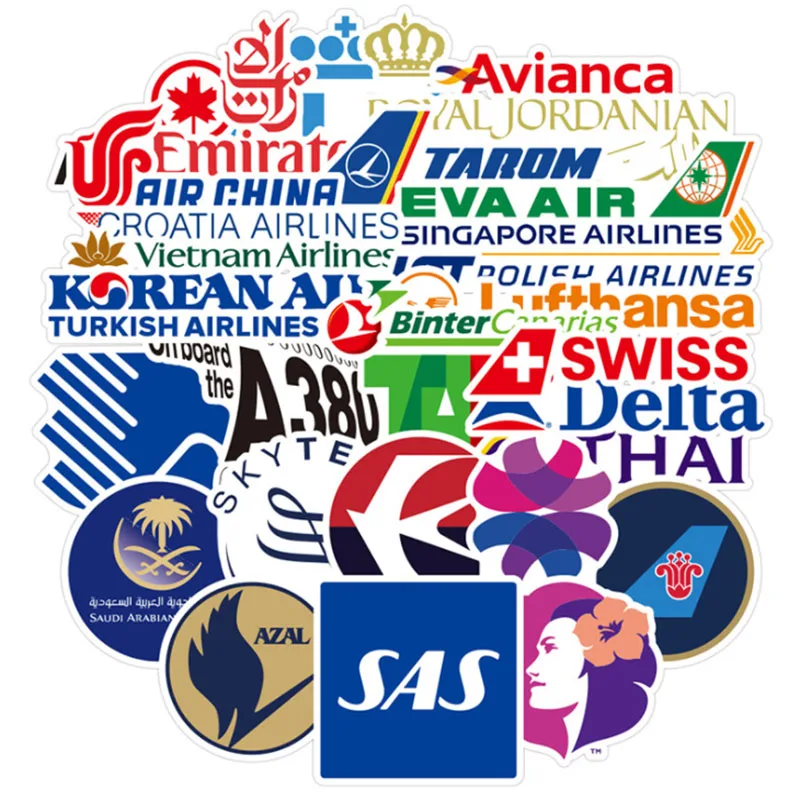 항공 항공기 회사 로고 스케이트보드 여행 가방, 전화 노트북 수하물 스티커, DIY 어린이 소녀 장난감, 10 개, 30 개, 55 개