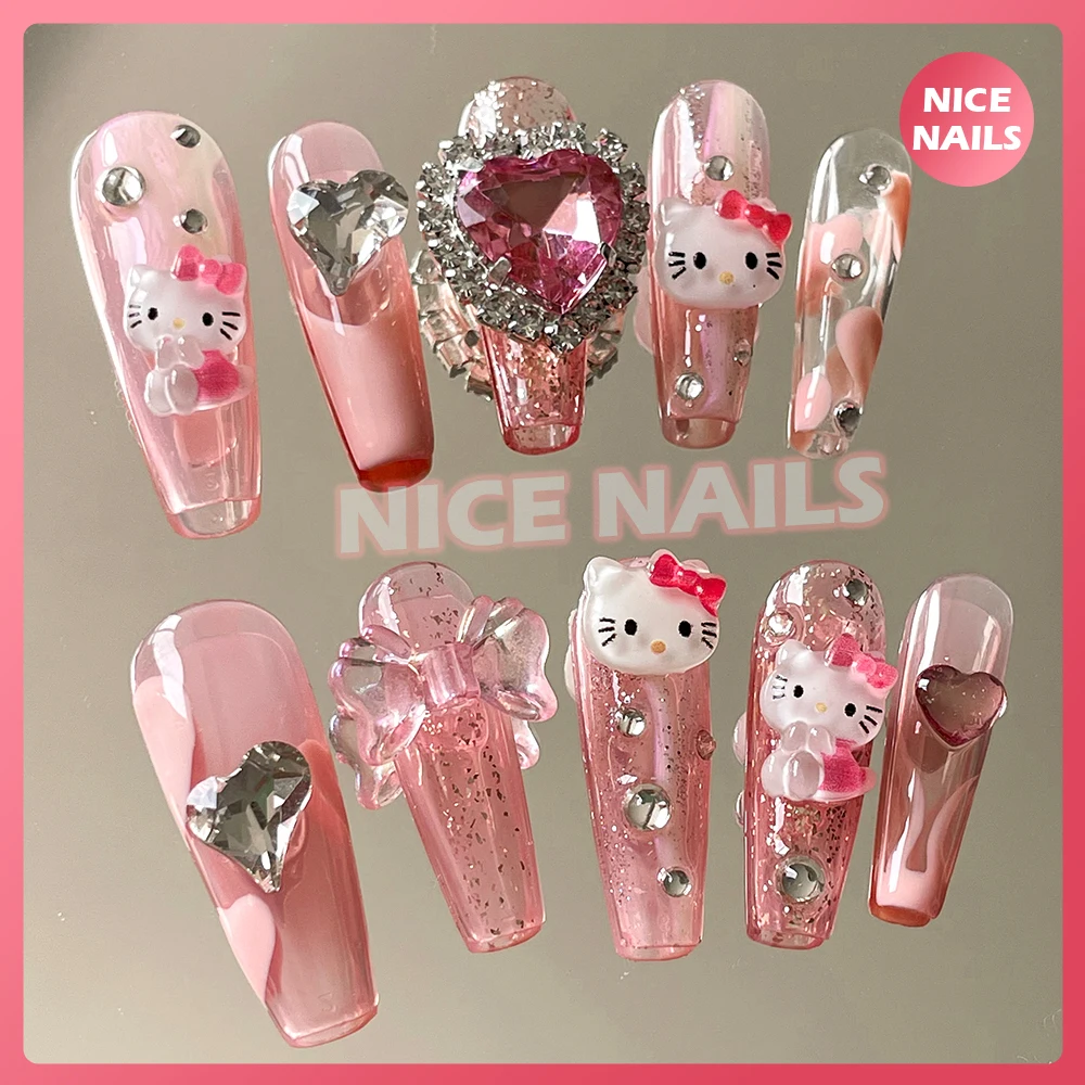 귀여운 만화 헬로 키티 네일, 마이멜로디, 쿠로미, 시나모롤, 귀여운 긴 관 스틸레토, 애니메이션 수제 풀 커버 네일