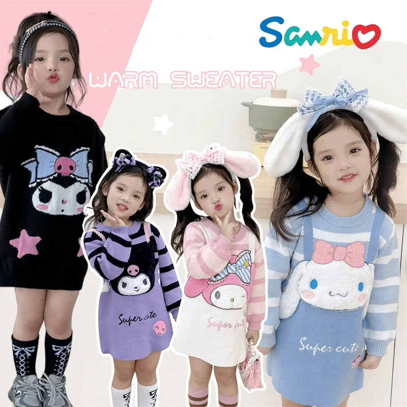 산리오스 시나모롤 마이 멜로디 쿠로미 스위트 스트라이프 플러시 아이 스웨터 드레스, 입체 만화 귀여운 소녀 긴팔 드레스 title=산리오스 시나모롤 마이 멜로디 쿠로미 스위트 스트라이프 플러시 아이 스웨터 드레스, 입체 만화 귀여운 소녀 긴팔 드레스