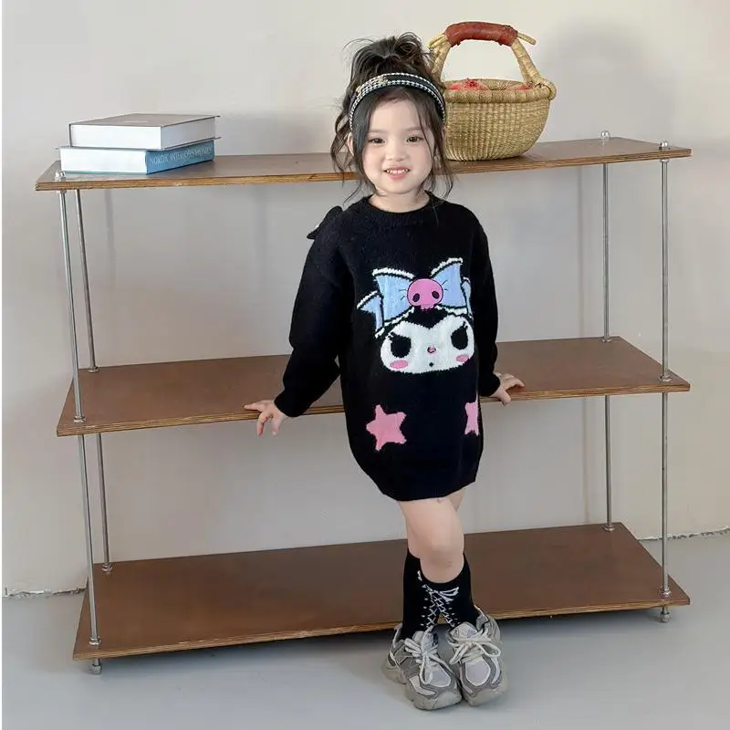 산리오스 시나모롤 마이 멜로디 쿠로미 스위트 스트라이프 플러시 아이 스웨터 드레스, 입체 만화 귀여운 소녀 긴팔 드레스