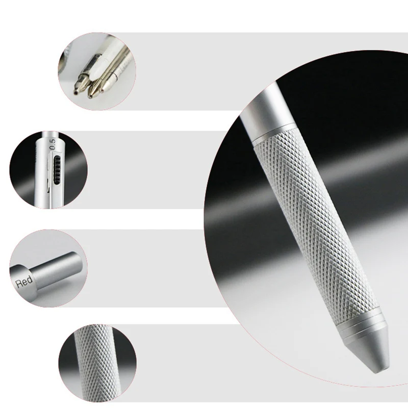 고급 금속 여러 가지 빛깔의 볼펜, 4 In 1 볼펜, 0.7mm 검정 및 파랑 빨강 리필 및 연필심, 학교 필기구