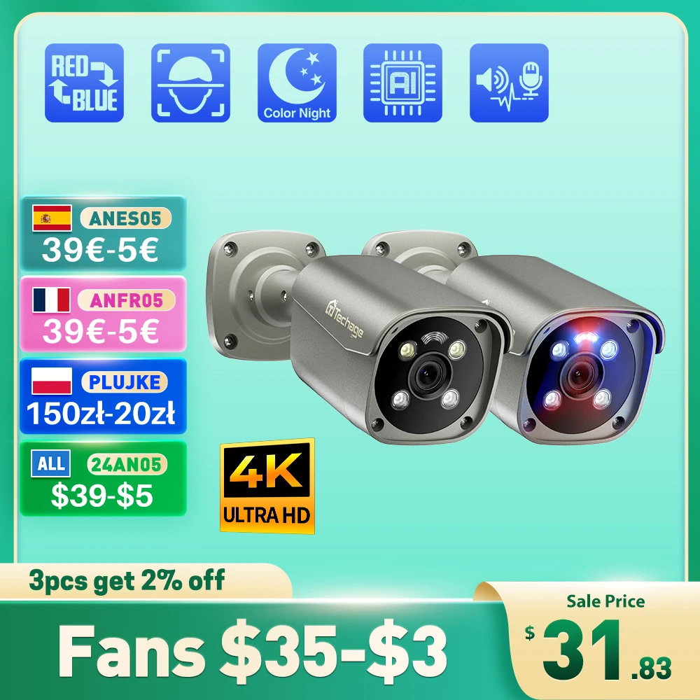 Techage-울트라 HD 4K 스마트 AI 얼굴 감지 IP 카메라, 8MP 보안 POE 카메라 P2P 오디오 기록 감시 컬러 야간 투시경 title=Techage-울트라 HD 4K 스마트 AI 얼굴 감지 IP 카메라, 8MP 보안 POE 카메라 P2P 오디오 기록 감시 컬러 야간 투시경