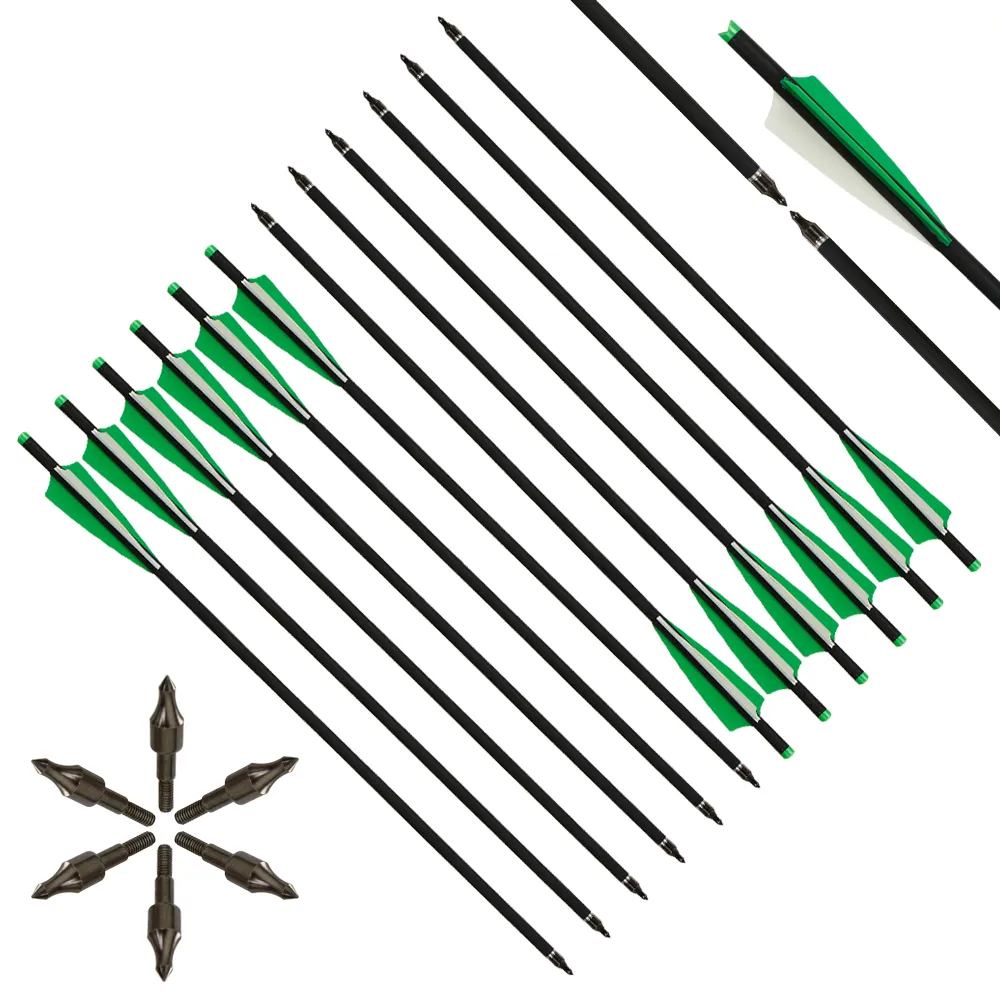 석궁 화살 20/22 인치 혼합 탄소 화살 직경 8.8mm 팁 양궁 사냥 사격 탈착식 화살촉 녹색