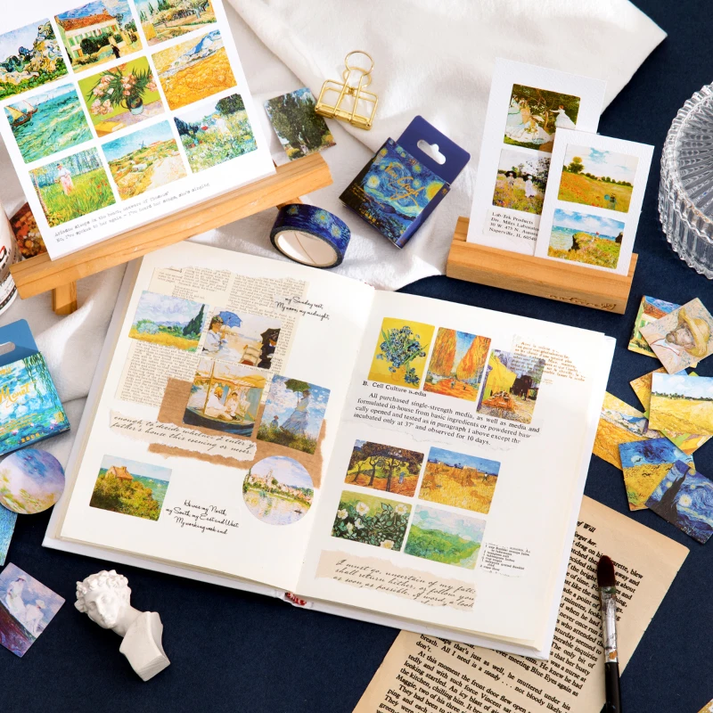 반 고흐 유명 그림 미니 박스 스티커, 빈티지 종이 문구 스티커 세트, DIY 스크랩북 카드 제작 공예, 45 개/로트