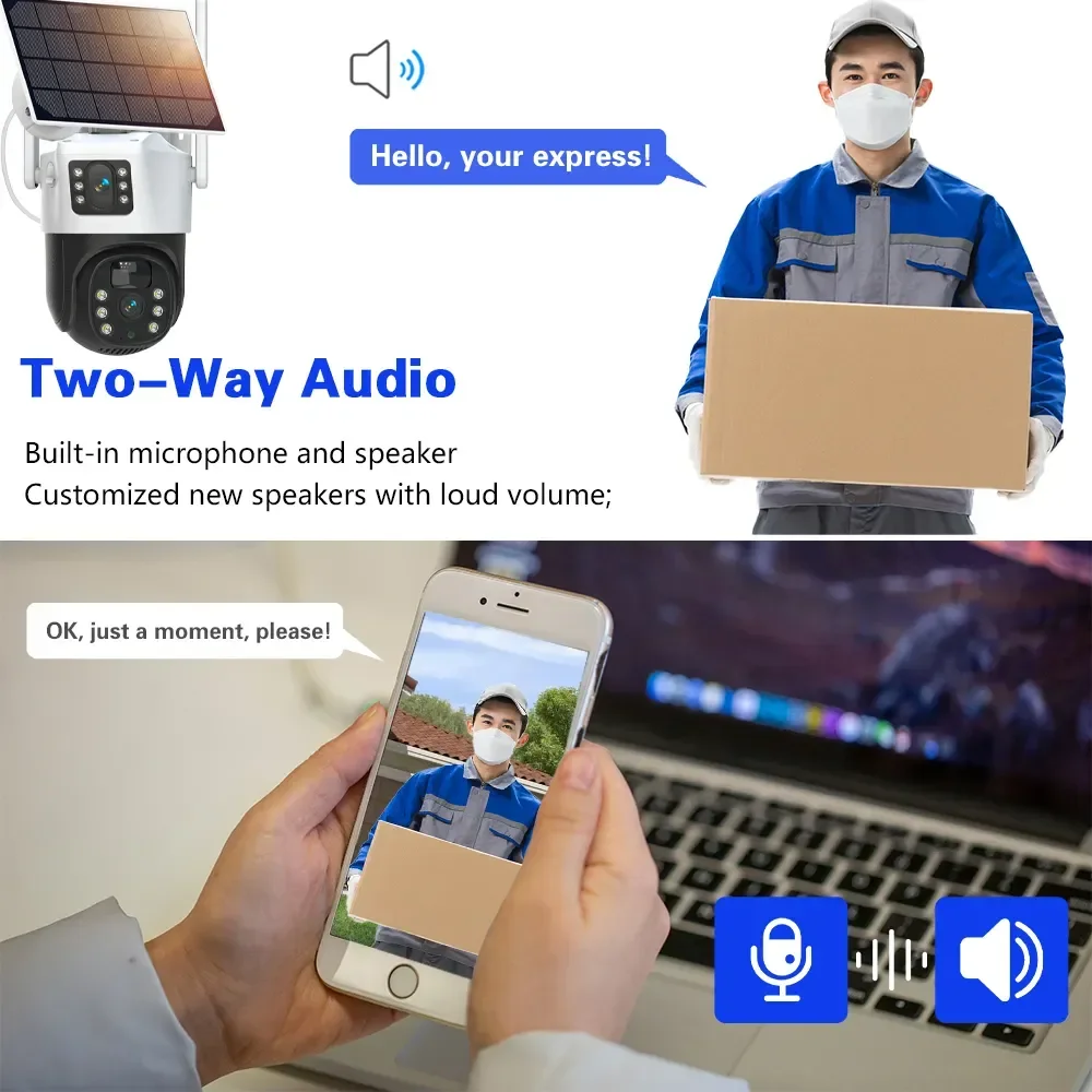 듀얼 렌즈 태양광 카메라, 4K 무선 감시 PTZ 배터리 카메라, 컬러 나이트 비전, PIR 감지, 스마트 홈, 8MP, 4G SIM 카드