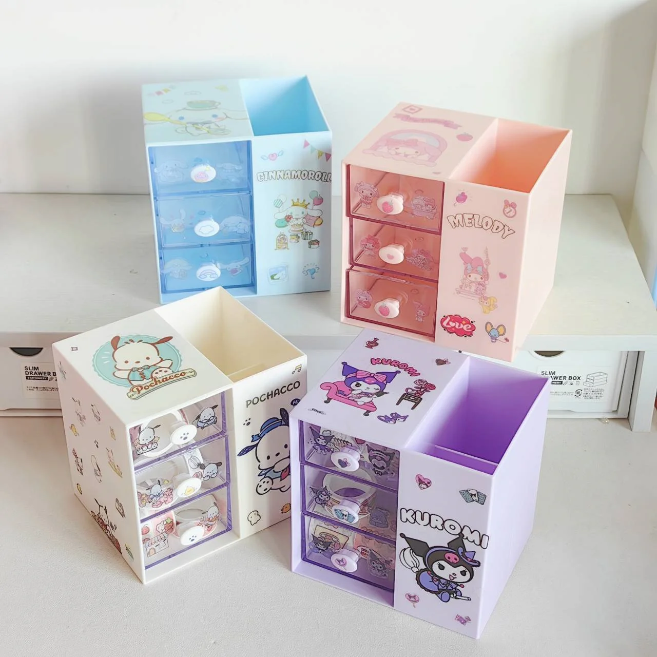 산리오스 마이 멜로디 수납함 쿠로미 시나모롤 포카코 펜 홀더 서랍 정리함 애니메이션 가와이 미니 쥬얼리 캐비닛 선물