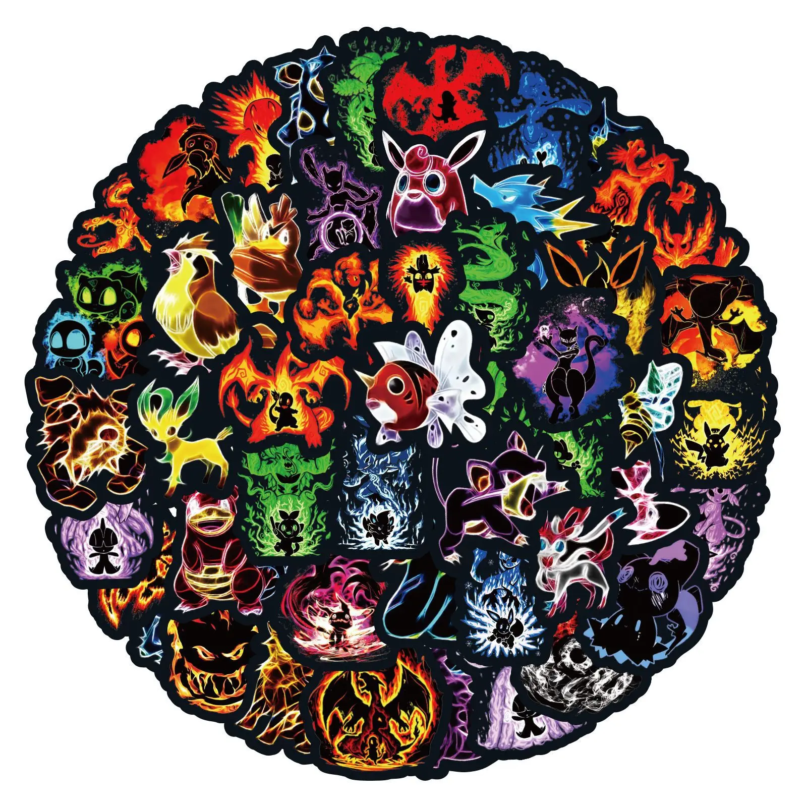 어린이용 만화 포켓몬 네온 라이트 그래피티 스티커, DIY 스케이트보드 노트북 자동차 기타 오토바이 수하물 데칼 스티커, 60 개