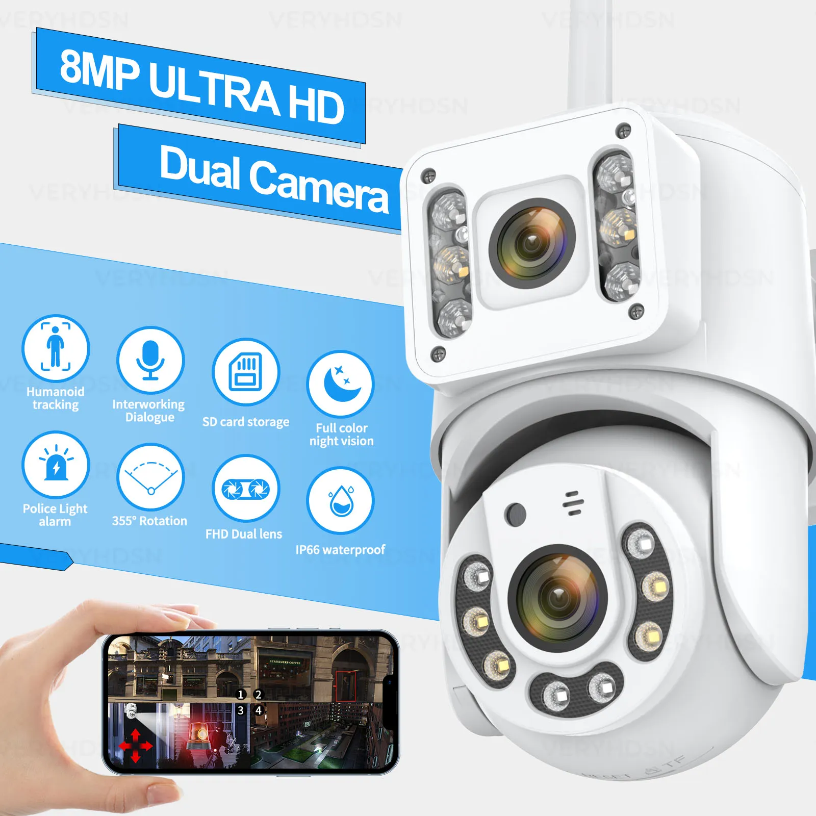 와이파이 PTZ 듀얼 렌즈 방수 감시 카메라, 8MP 4K IP 카메라, 자동 추적 컬러 IR 야간 투시경, 보안 보호 CCTV title=와이파이 PTZ 듀얼 렌즈 방수 감시 카메라, 8MP 4K IP 카메라, 자동 추적 컬러 IR 야간 투시경, 보안 보호 CCTV 