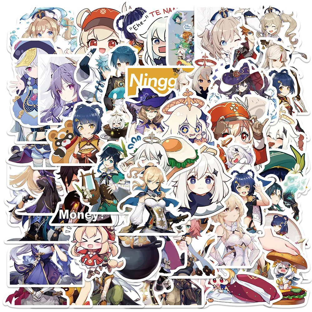 귀여운 게임 원신 충격 스티커 50/100 개, 만화 데칼 DIY 노트북 전화 케이스 자동차 방수 멋진 애니메이션 키즈 스티커 완구