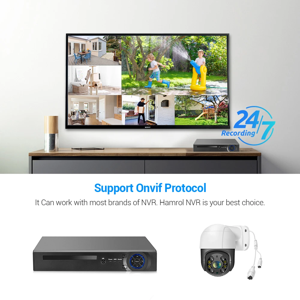 HAMROL PTZ POE IP 카메라, ONVIF 양방향 오디오, 4X 디지털 줌, 야외 HD 5MP 비디오 감시 카메라, ICSee H.265, 8MP