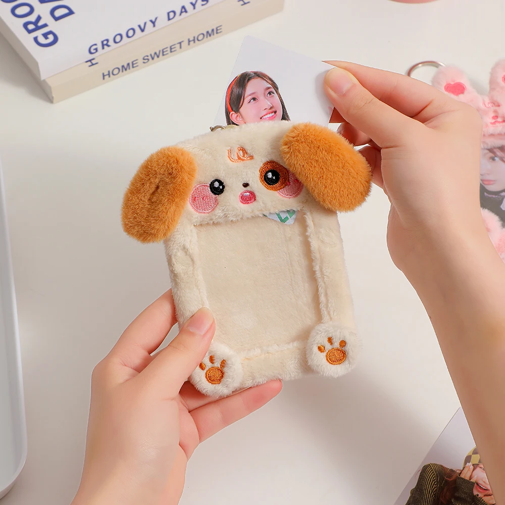 Kawaii 플러시 Photocard 홀더 토끼 곰 고양이 Kpop 아이돌 사진 카드 홀더 소녀 귀여운 키 체인 ID 신용 은행 수호자 편지지 포토카드 명함 홀더
