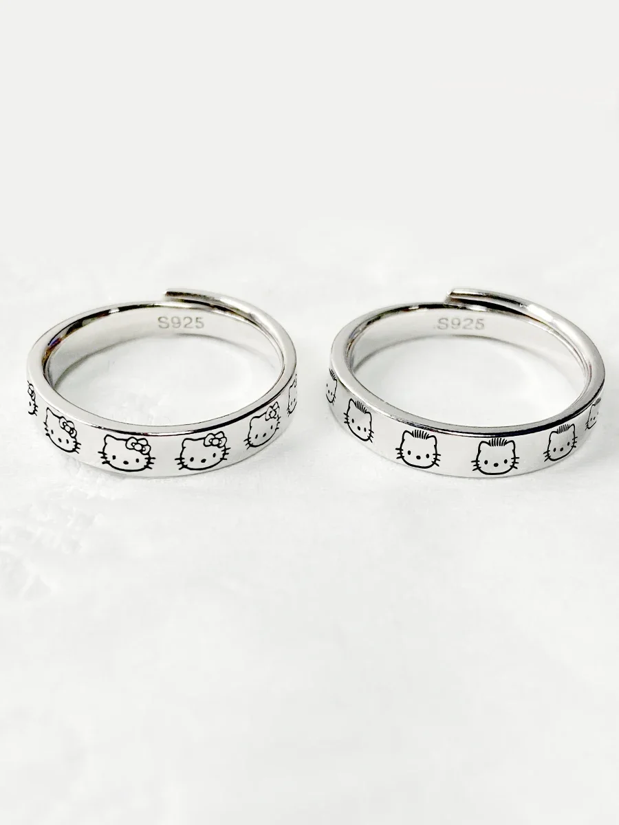 산리오 귀여운 반지 애니메이션 캐릭터 시리즈, 헬로 키티 쿠로미 커플 실버 반지, 패션 조정 가능한 반지 액세서리, 어린이 선물