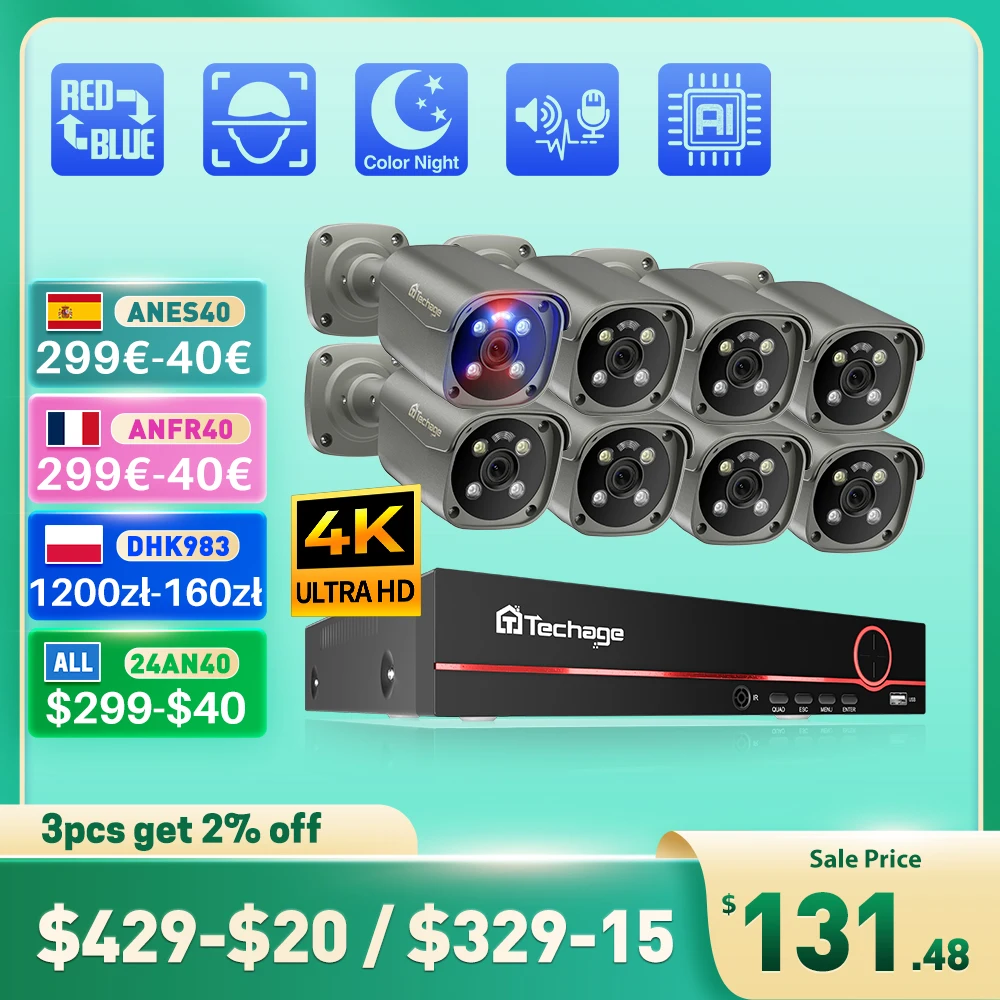 Techage 야외 비디오 감시 AI 인간 감지 양방향 대화 CCTV 세트, 8CH 4K UHD 8MP 카메라 시스템, H.265 PoE NVR 키트 title=Techage 야외 비디오 감시 AI 인간 감지 양방향 대화 CCTV 세트, 8CH 4K UHD 8MP 카메라 시스템, H.265 PoE NVR 키트 