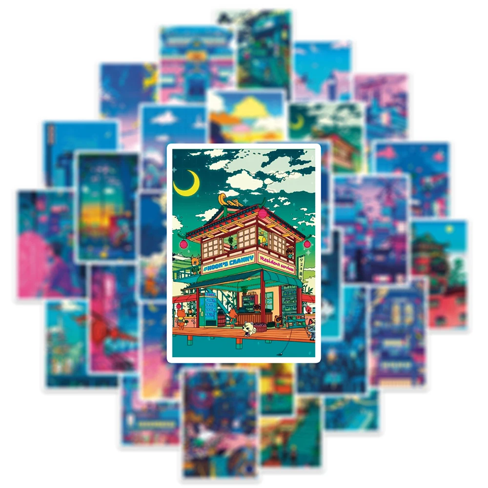 귀여운 아트 스트리트 야경 만화 스티커, 미적 인스스 데칼, 스크랩북 휴대폰 노트북 수하물 벽 스티커, 어린이 장난감, 10 30 50 개