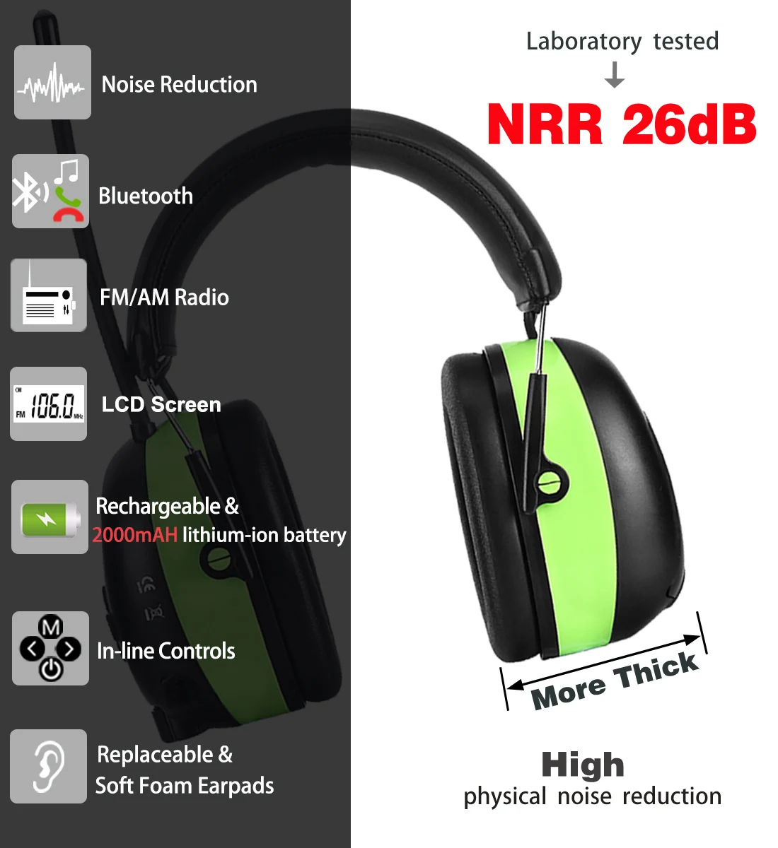 청력 보호 블루투스 헤드폰 전자 귀마개, AM/FM 라디오 5.0, 깎기 안전 귀마개, 2000mAh 리튬 배터리