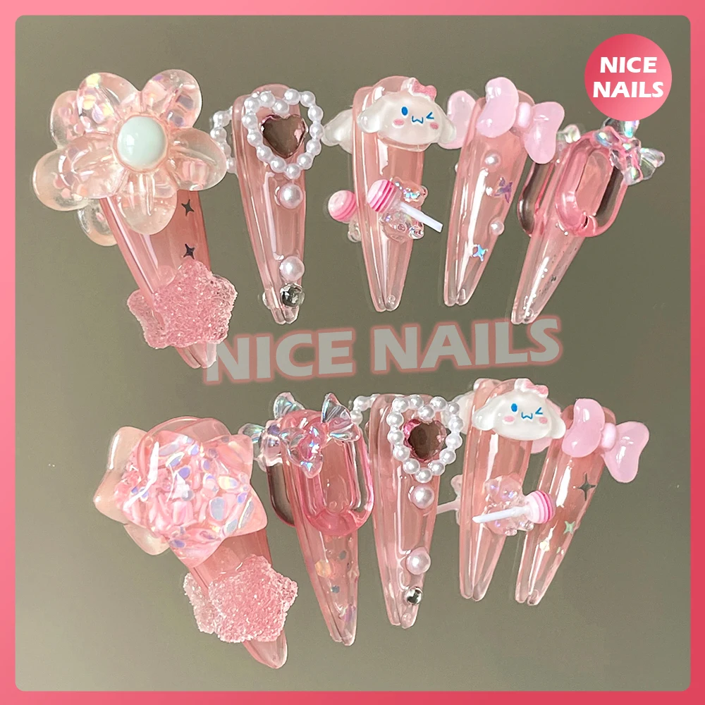 귀여운 만화 헬로 키티 네일, 마이멜로디, 쿠로미, 시나모롤, 귀여운 긴 관 스틸레토, 애니메이션 수제 풀 커버 네일