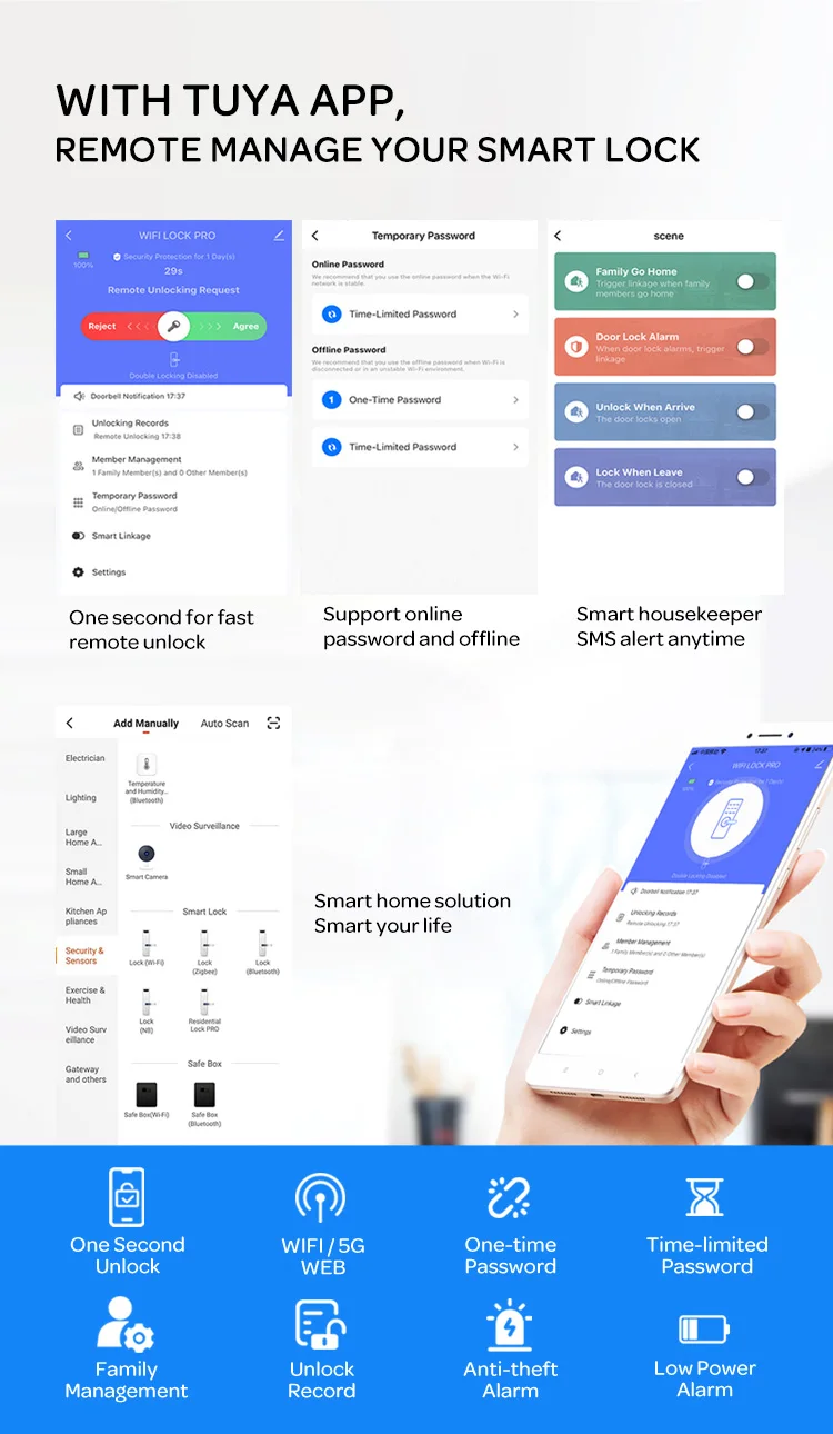 투야 와이파이 앱 방수 스마트 도어락, 알루미늄 생체 인식 잠금, 지문 도어 핸들, 유리 슬라이딩, 디지털 키리스 잠금