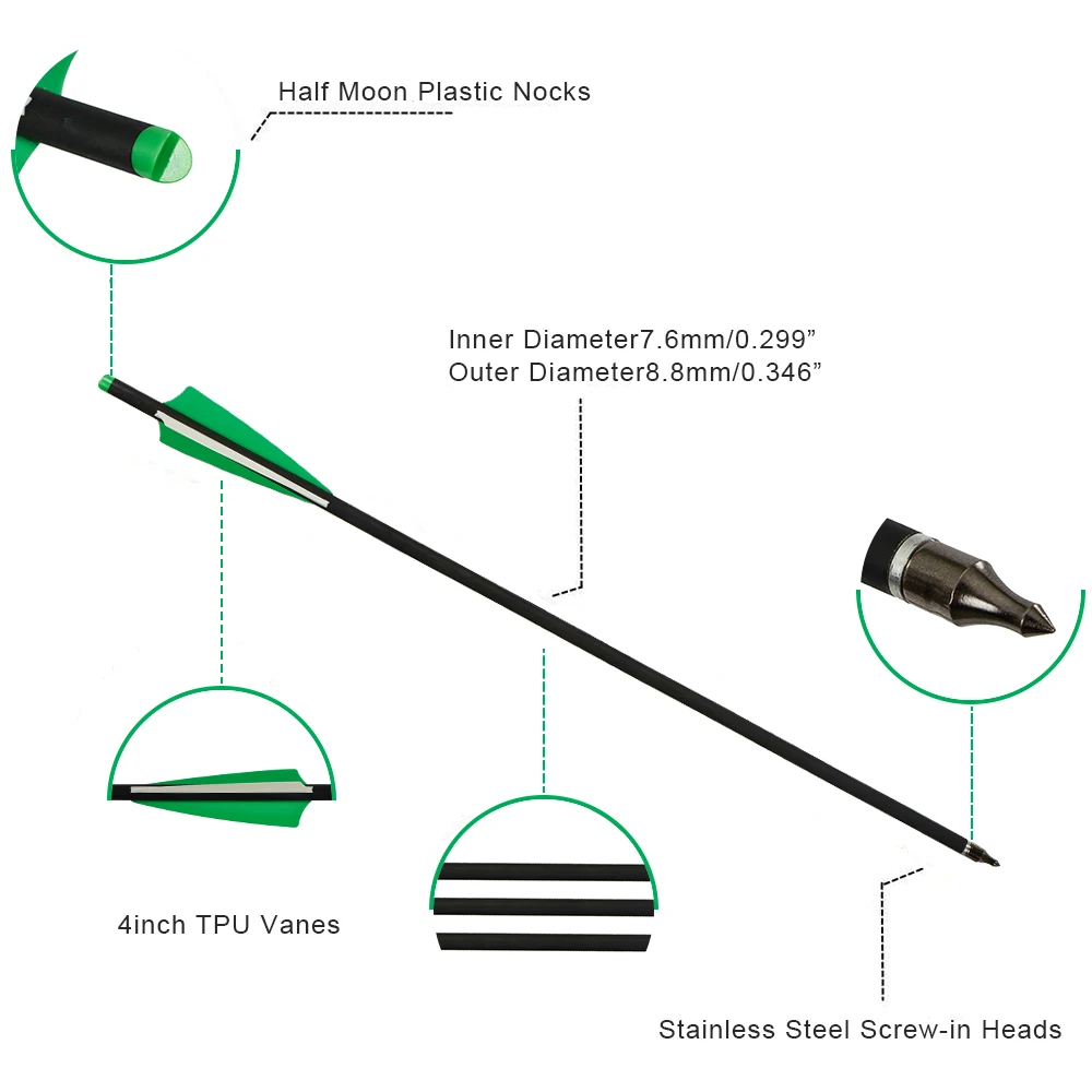 석궁 화살 20/22 인치 혼합 탄소 화살 직경 8.8mm 팁 양궁 사냥 사격 탈착식 화살촉 녹색