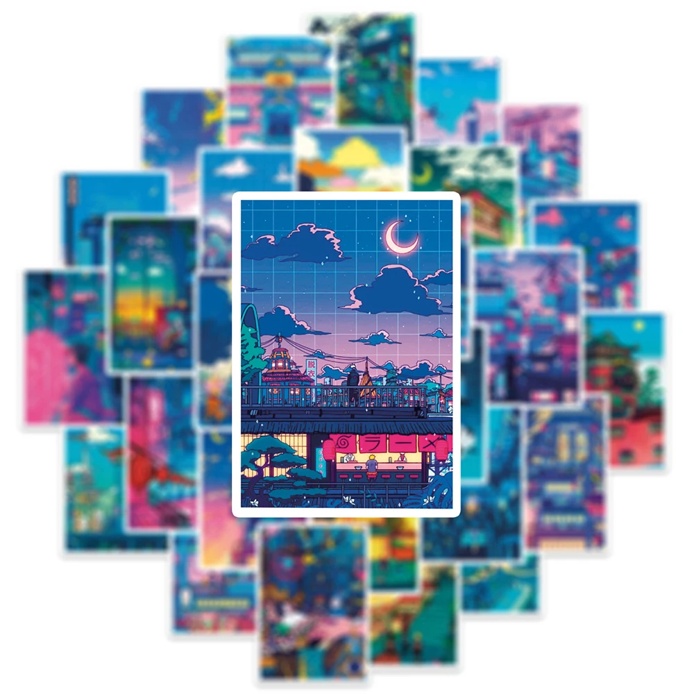 귀여운 아트 스트리트 야경 만화 스티커, 미적 인스스 데칼, 스크랩북 휴대폰 노트북 수하물 벽 스티커, 어린이 장난감, 10 30 50 개