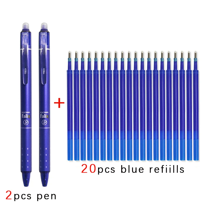 대용량 잉크 지울 수 있는 리필 0.5mm 총알 펜촉, 지워지는 젤 펜, 세척 가능한 손잡이, 사무실 학교 필기용품, 2 + 20PCs