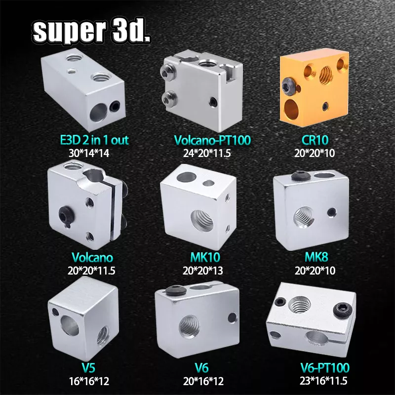 핫엔드 3D 프린터 부품용 알루미늄 및 황동 3D 히트 블록, E3D V5 V6 MK7 MK8 MK2 MK10 화산 PT100 CR10, 2 인 1 OUT, 1 개 title=핫엔드 3D 프린터 부품용 알루미늄 및 황동 3D 히트 블록, E3D V5 V6 MK7 MK8 MK2 MK10 화산 PT100 CR10, 2 인 1 OUT, 1 개 