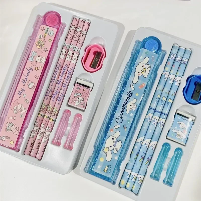 산리오 시나모롤 쿠로미 마이 멜로디 연필 지우개, 연필 깎이 눈금자 문구 세트, 귀여운 만화 학용품 선물