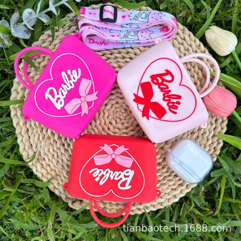 귀여운 바비 동전 지갑, 핑크 하트 모양 실리콘 지갑, 가방 액세서리, 어깨 스트랩, 어린이 장난감, 여아 선물