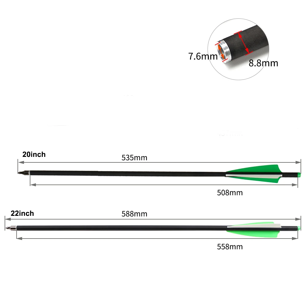 석궁 화살 20/22 인치 혼합 탄소 화살 직경 8.8mm 팁 양궁 사냥 사격 탈착식 화살촉 녹색