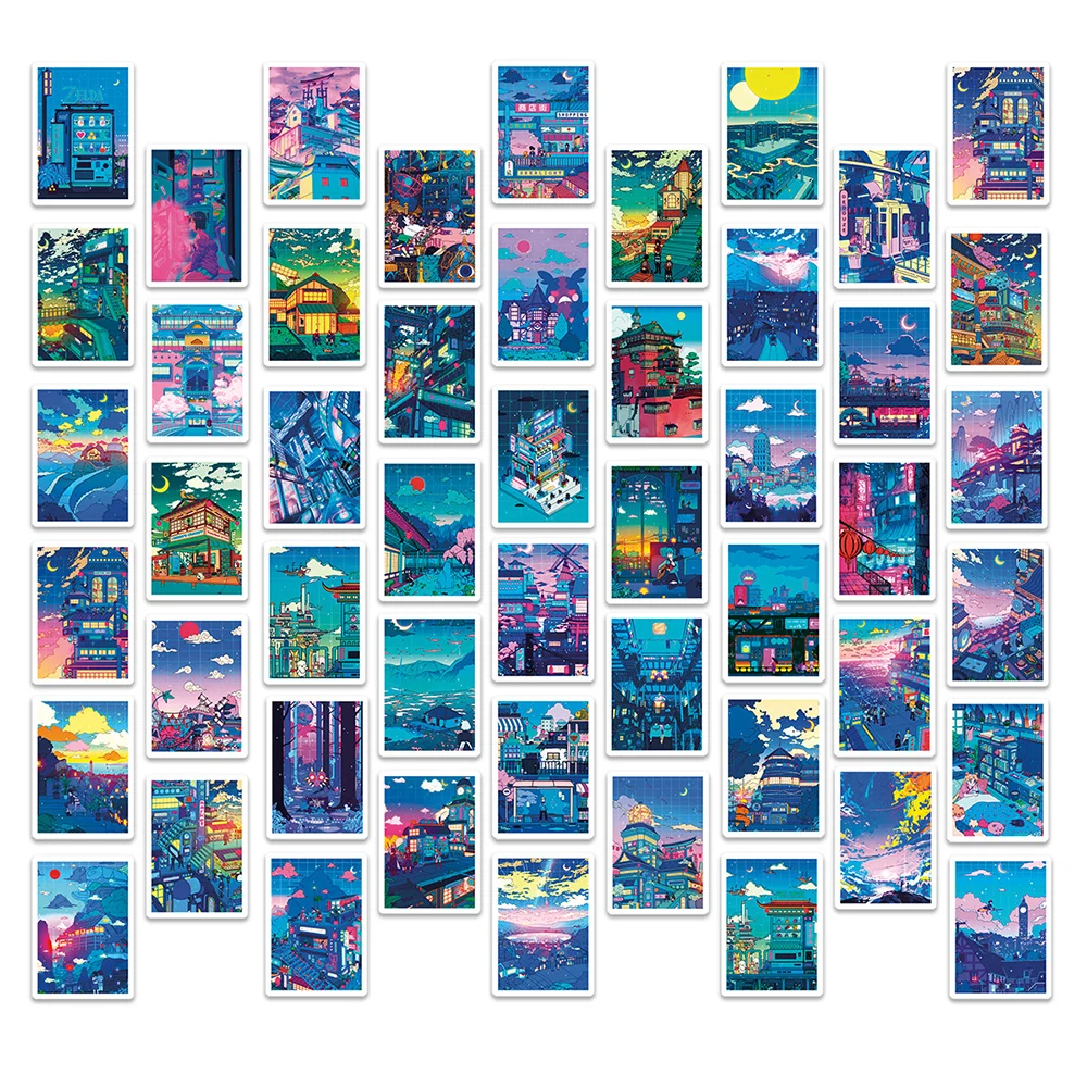 귀여운 아트 스트리트 야경 만화 스티커, 미적 인스스 데칼, 스크랩북 휴대폰 노트북 수하물 벽 스티커, 어린이 장난감, 10 30 50 개