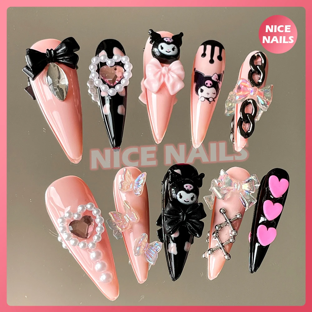 귀여운 만화 헬로 키티 네일, 마이멜로디, 쿠로미, 시나모롤, 귀여운 긴 관 스틸레토, 애니메이션 수제 풀 커버 네일