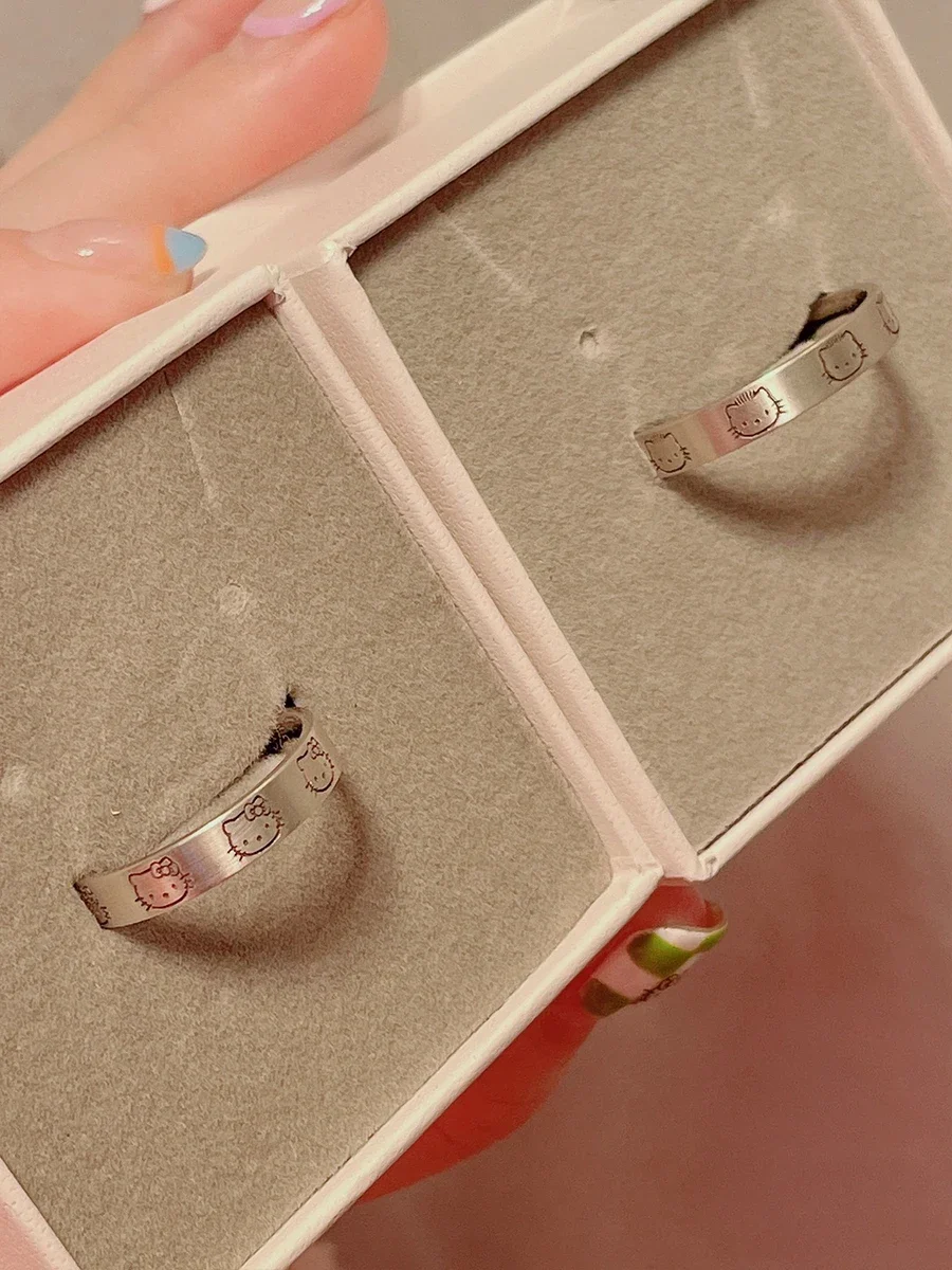 산리오 귀여운 반지 애니메이션 캐릭터 시리즈, 헬로 키티 쿠로미 커플 실버 반지, 패션 조정 가능한 반지 액세서리, 어린이 선물