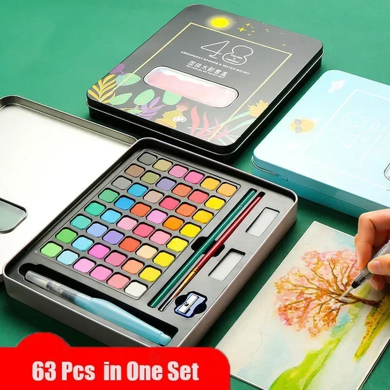 전문 수채화 페인트 세트, 페인트 브러시 수채화 종이 안료 미술 용품, 48 색 페인팅 세트, 63 개 title=전문 수채화 페인트 세트, 페인트 브러시 수채화 종이 안료 미술 용품, 48 색 페인팅 세트, 63 개 